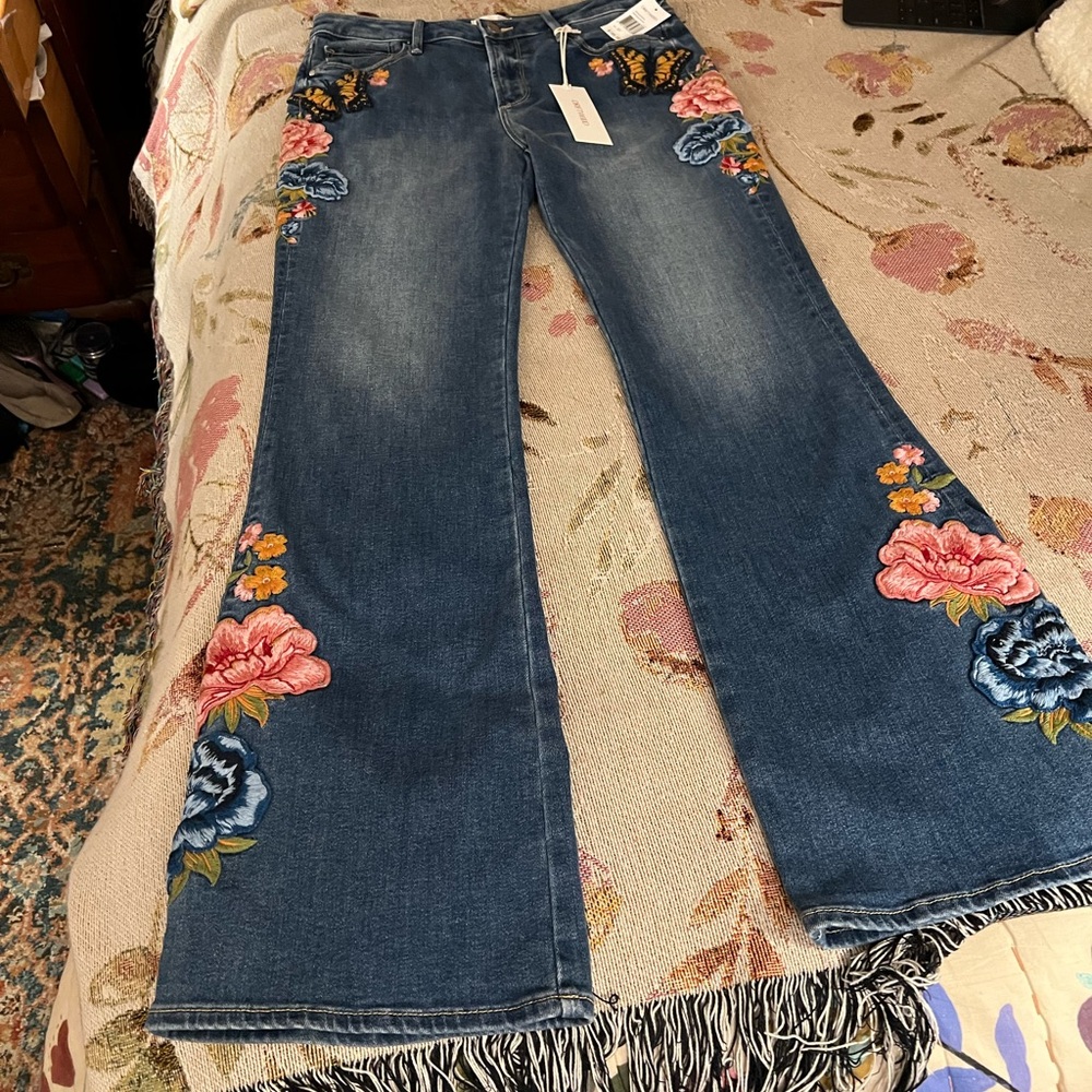 DRIFTWOOD Blue Flare Jeans with Floral Embroidery